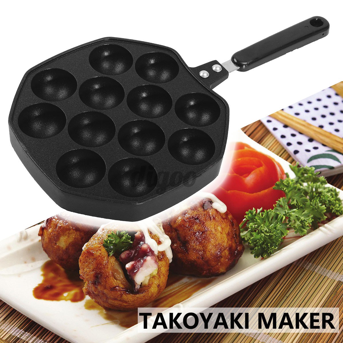 12 Holes Takoyaki Pan Octopus Ball Maker Snacks Baking Tray Grill Mold Plate