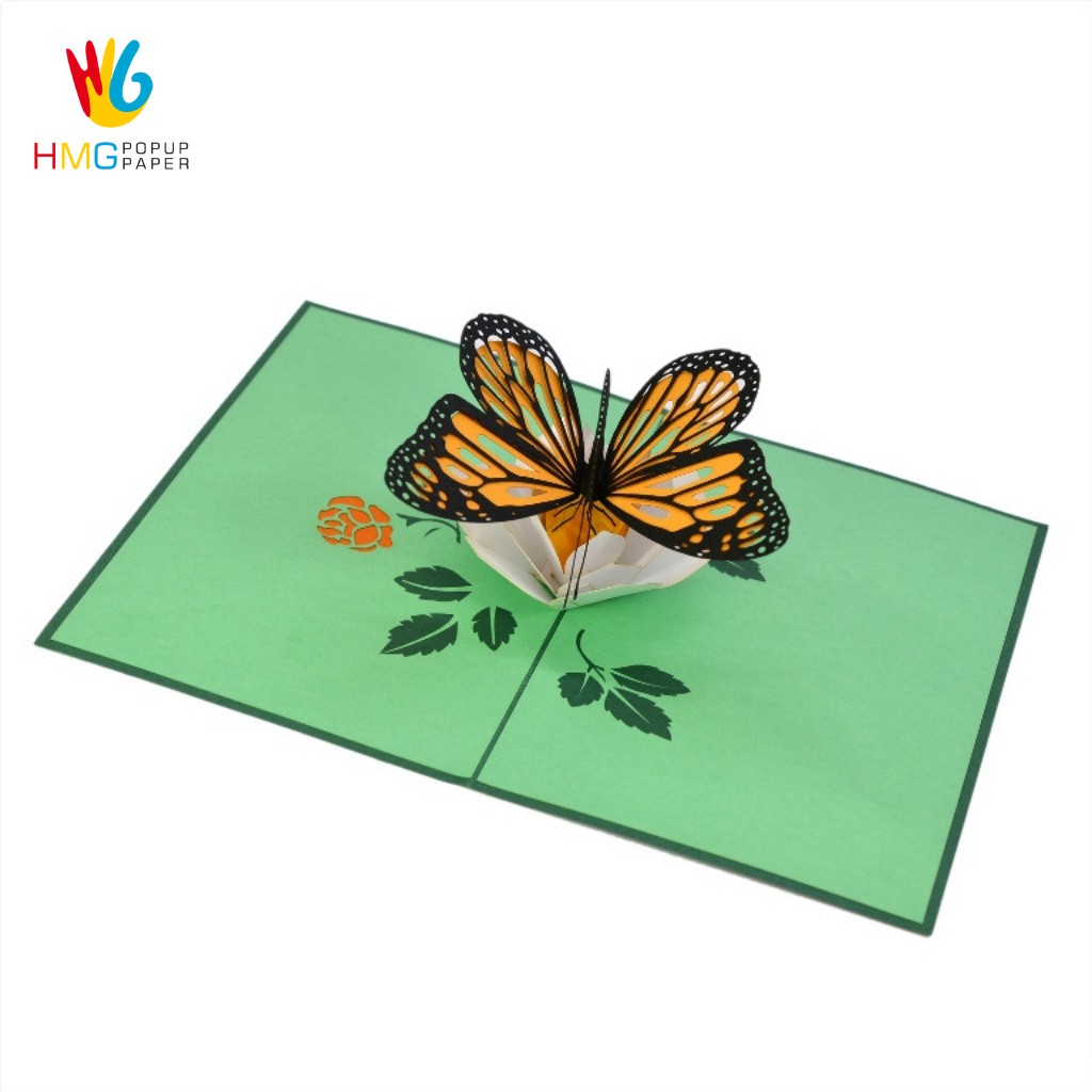Thiệp 3D Bướm Xanh, Bướm Hoa, Animal Popup Card, thiệp nổi HMG Handmade