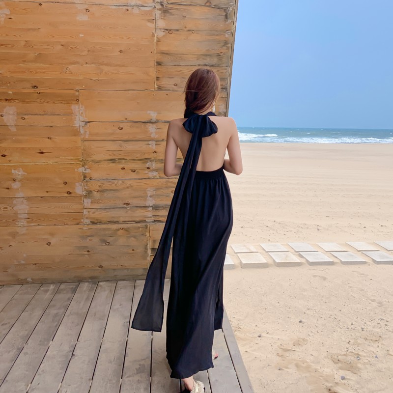 JANE'S Đầm maxi đi biển cổ yếm hở lưng xẻ tà cổ chữ V tông đen quyến rũ T179