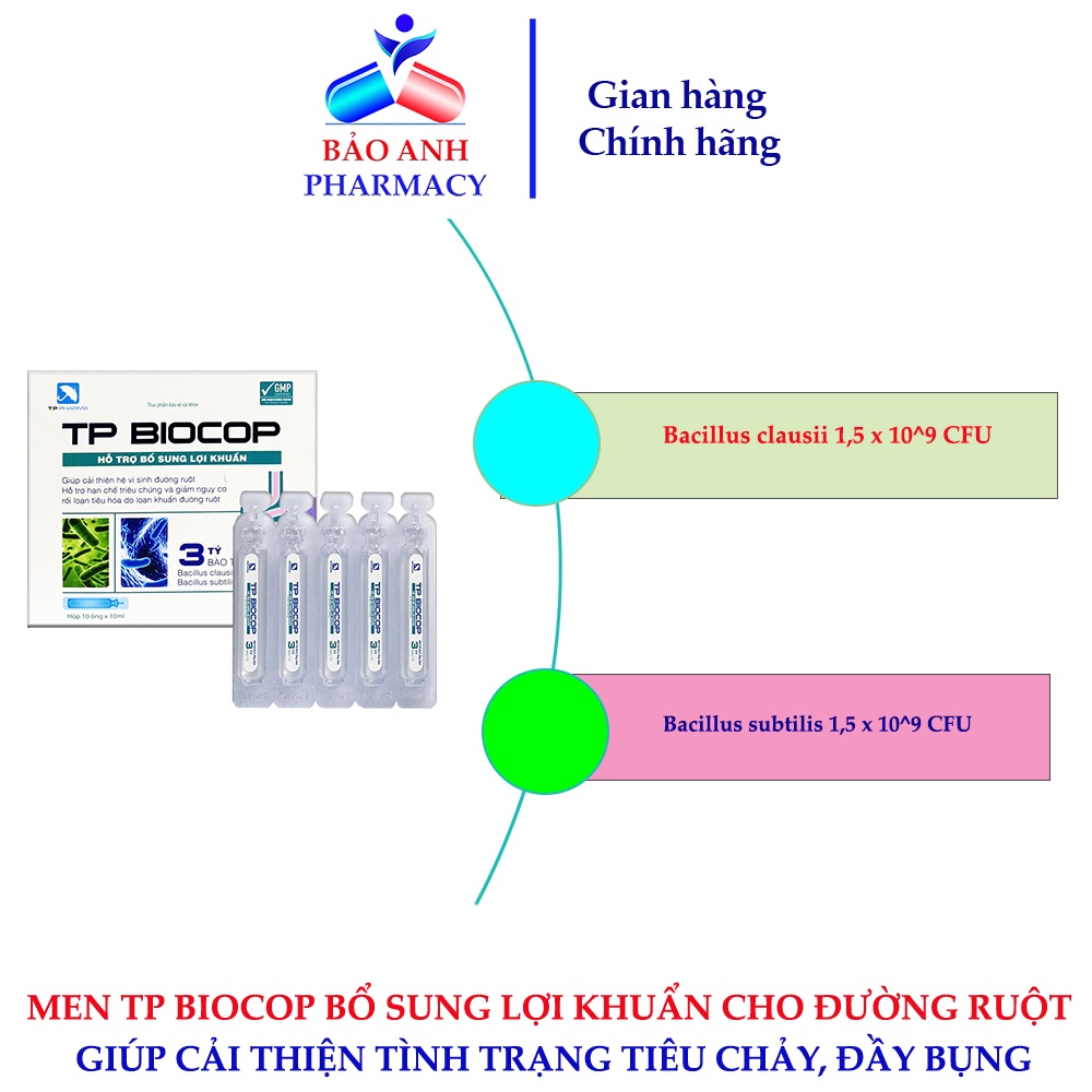 Men TP BIOCOP bổ sung lợi khuẩn giúp hỗ trợ rối loạn tiêu hóa, an không tiêu, tiêu chảy, phân sống – Hộp 10 ống