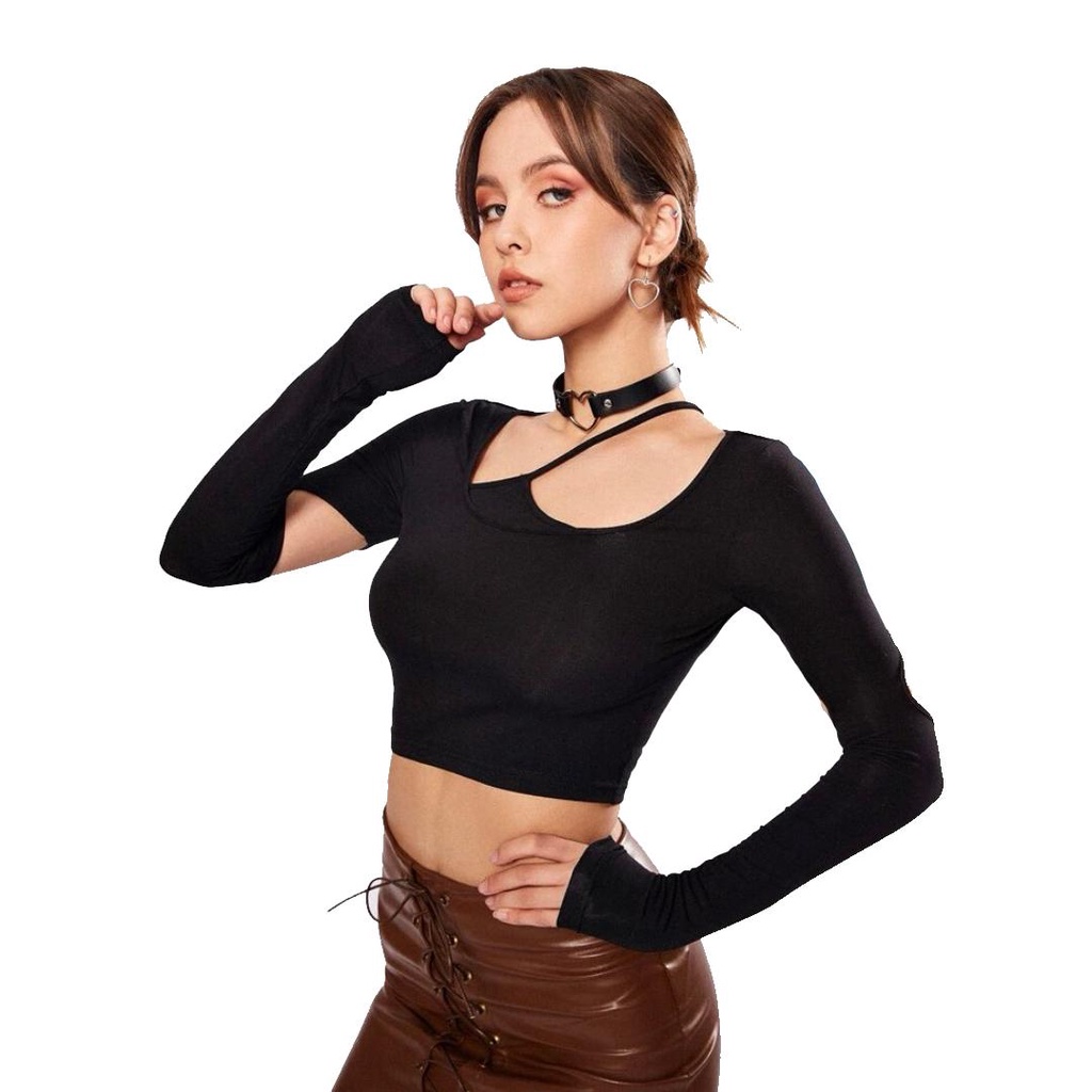 Áo thun tay dài ôm body Junest áo dáng ngắn khoét tay dây chéo cổ cotton mịn Butterfly KTDCC