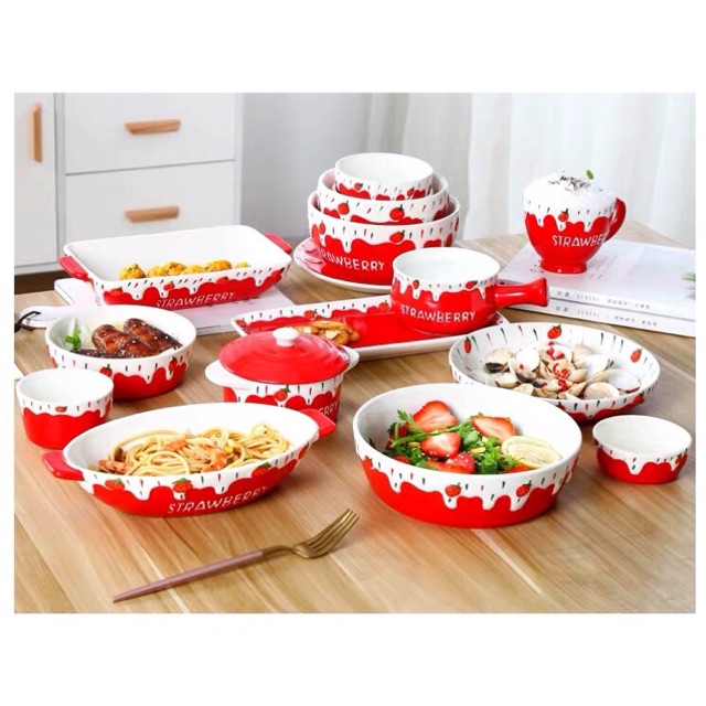Bộ bát đĩa dâu đỏ set 18 món siêu xinh xắn