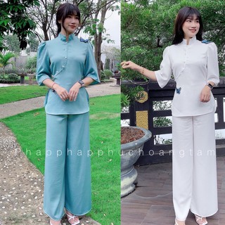 Đồ lam đi chùa # sẩm lụa thêu bướm