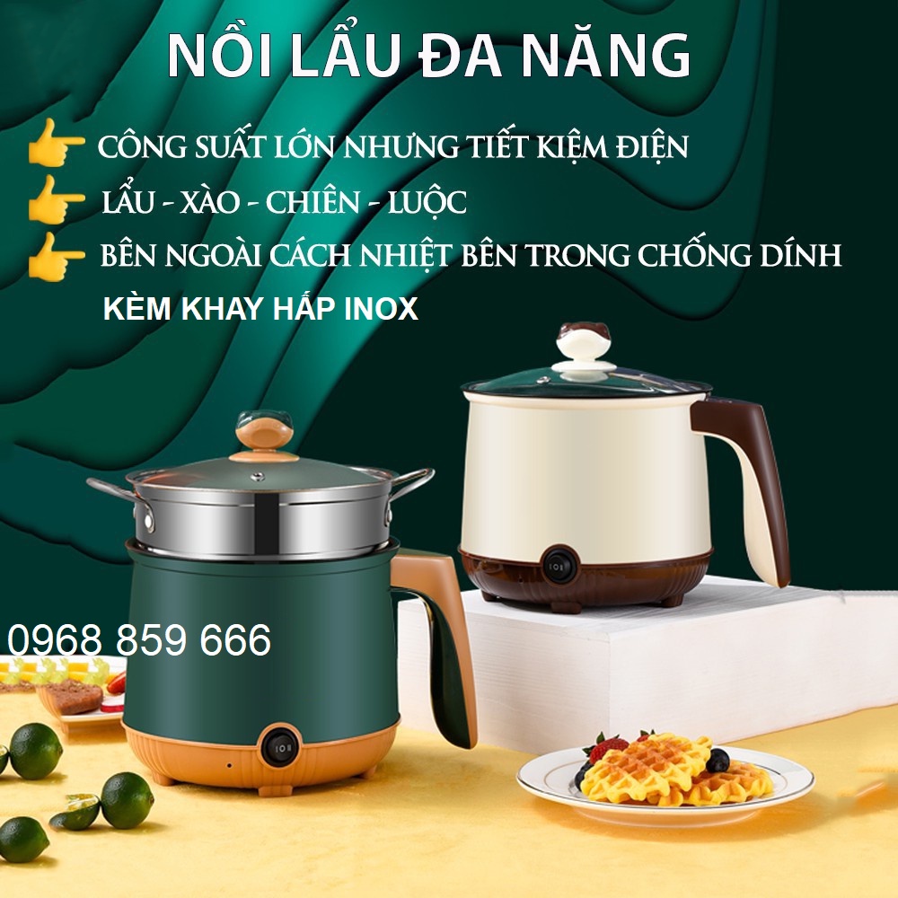 Nồi Lẩu Điện Mini 2 Tầng Đa Năng Tặng Kèm Khay Hấp - Chiên, Xào, Nấu ăn, nấu cơm, nấu lẩu mini (nồi 18cm hấp inox)