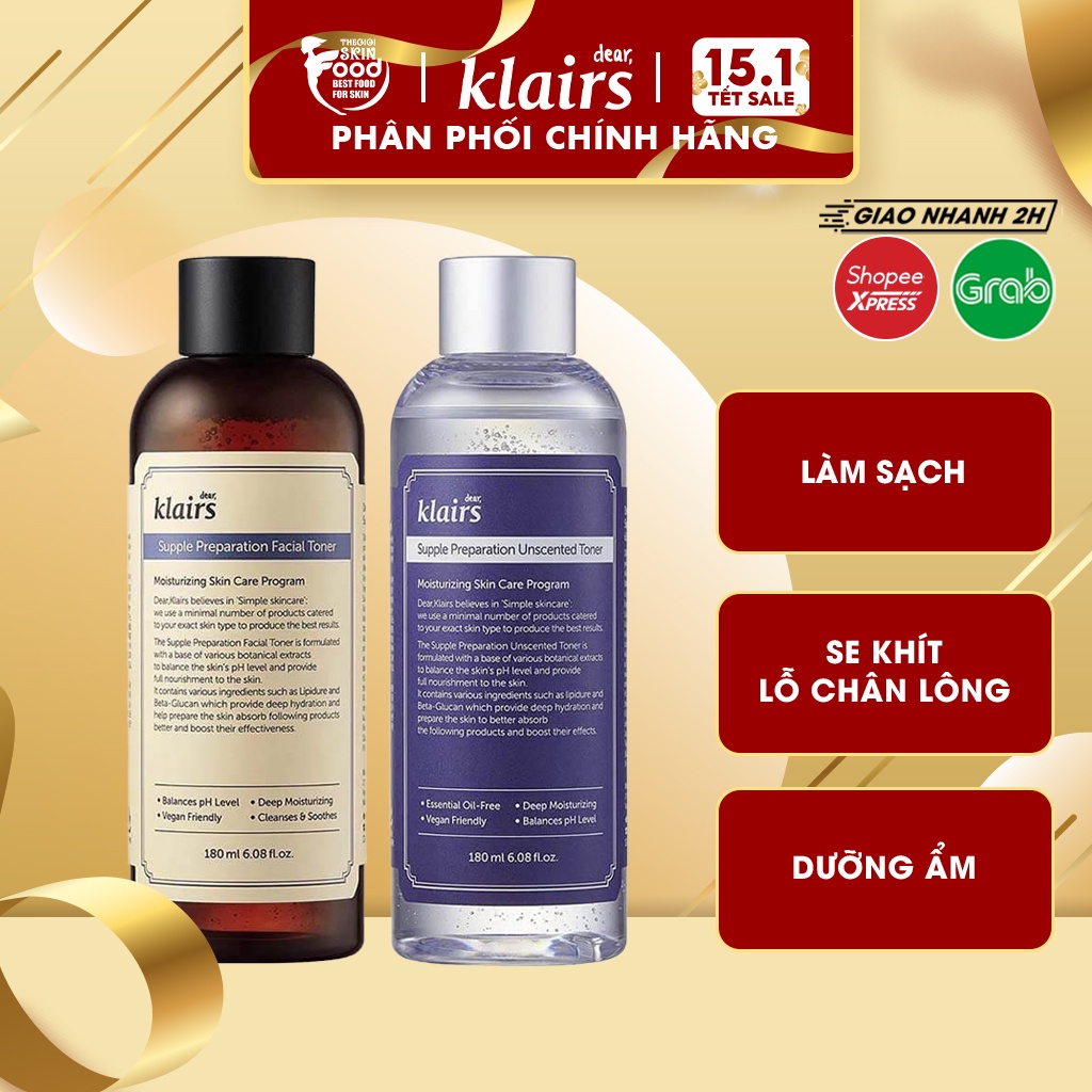 Nước hoa hồng làm sạch, dưỡng ẩm, se khít lỗ chân lông cho da nhạy cảm Hàn Quốc Klairs Supple Preparation Toner 180ml