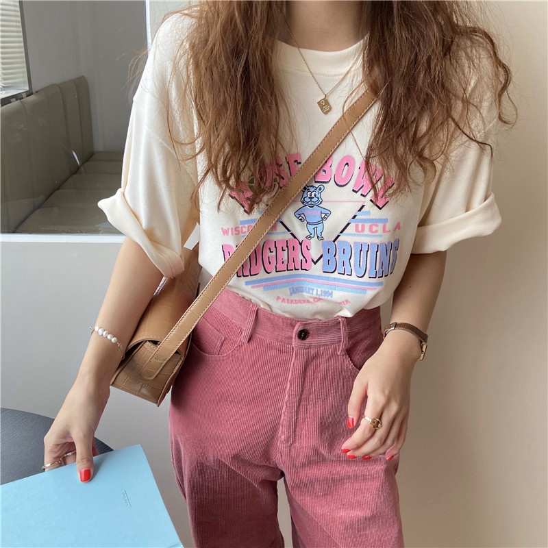 Áo thun nữ tay ngắn cổ tròn in chữ thời trang mùa hè phong cách Hàn Quốc