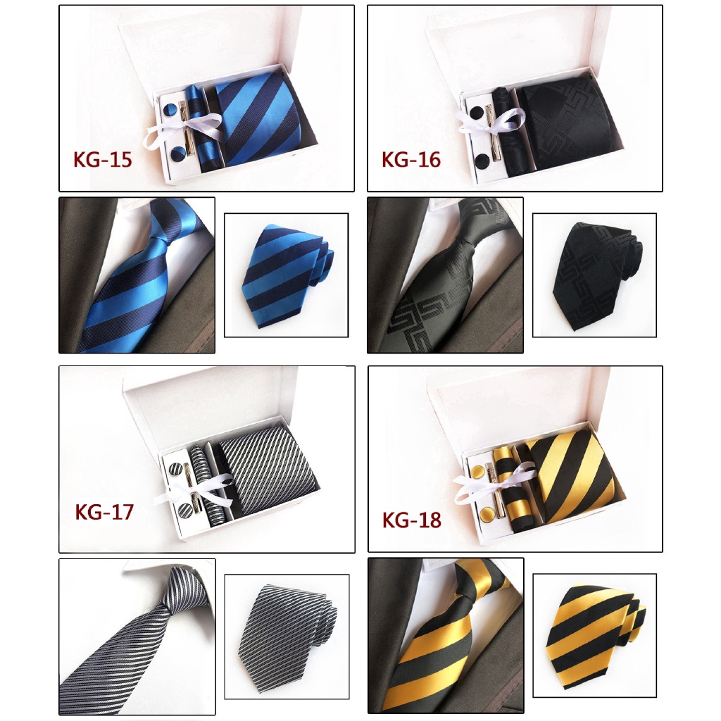 Efan Bộ Khăn Tay Kẹp Cà Vạt Kẻ Sọc Màu Xám Bạc Cho Nam