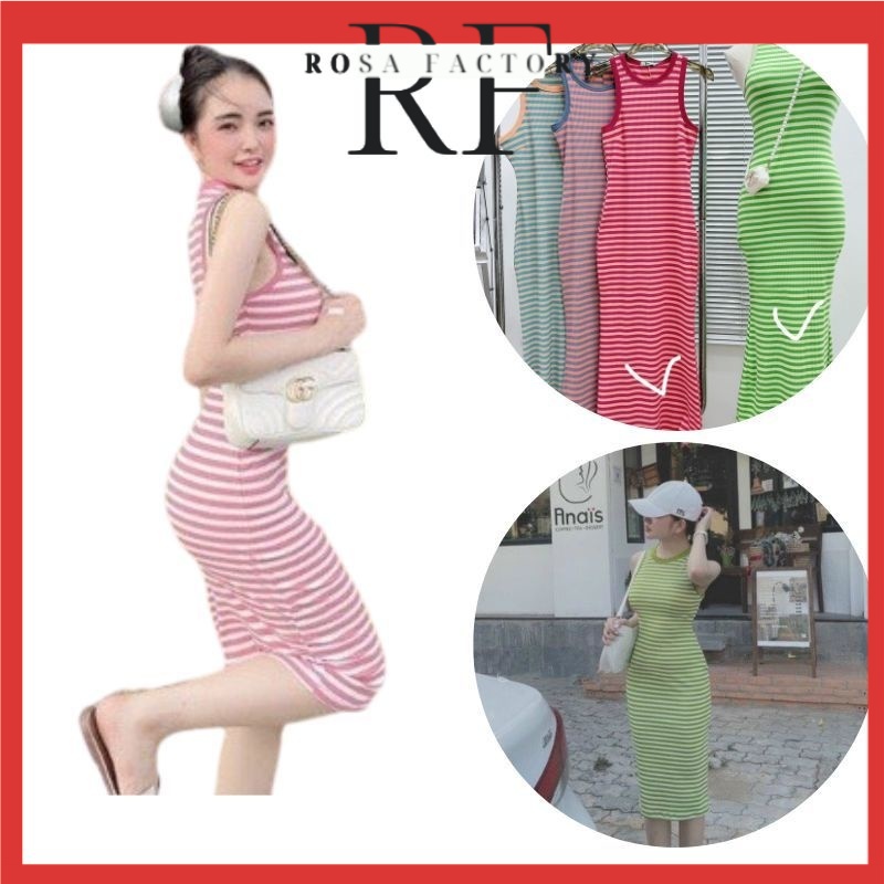 Đầm Thun Kẻ Sọc Ngang Ba Lỗ Sát Nách Cổ Tròn Dáng Dài - Form Ôm Body Sexy - Xanh Lá / Hồng - Váy Maxi Bánh Bèo Cute