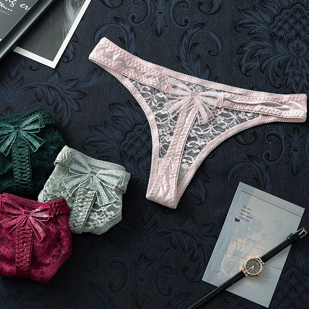 Quần lót ren mỏng mềm lưng thấp màu trơn đính nơ phong cách Hàn Quốc ngọt ngào cho nữ