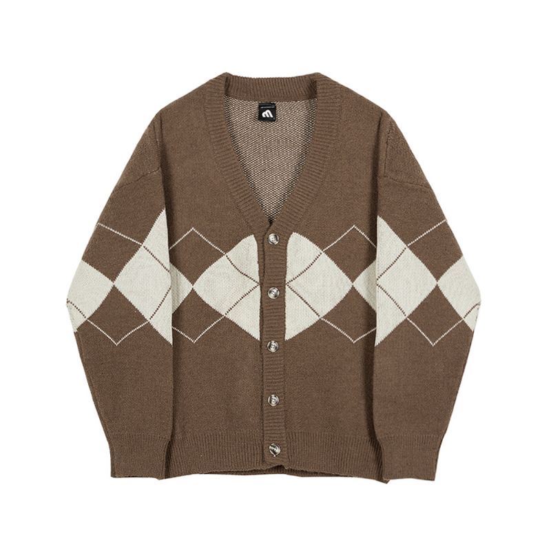 Áo khoác len Cardigan Thu Đông thiết kế MRCYC cho nam màu nâu cổ điển phối kẻ ô