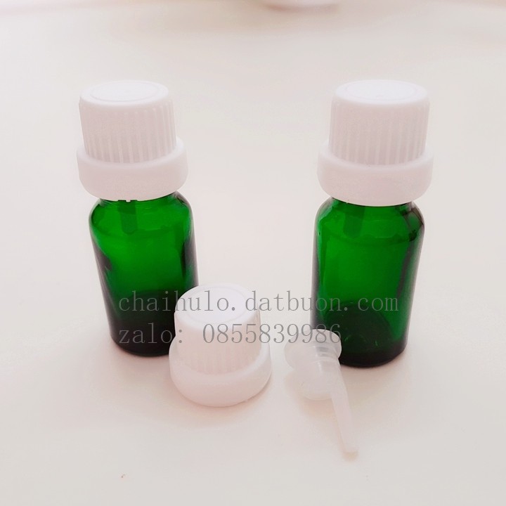 Chai lọ đựng tinh dầu nhỏ giọt 10ml, thủy tinh màu xanh lá, nắp đen/ trắng {sỉ từ 3k}