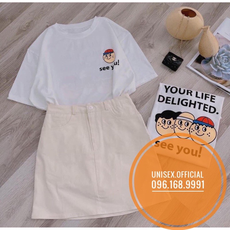 ( free ship ) Set áo chân váy kaki ngắn SEE YOU dáng rộng thời trang unisex/ Áo thun tay lỡ in họa tiết kèm chân váy chữ