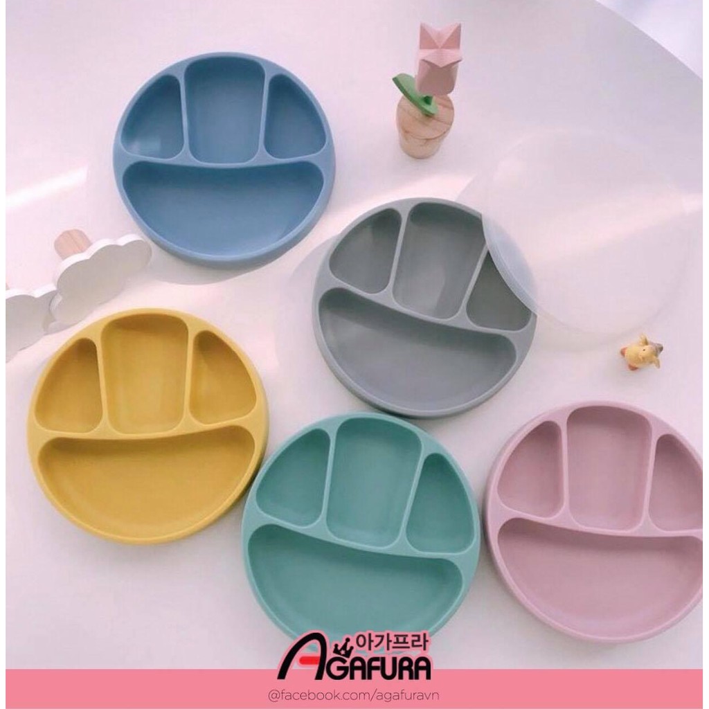 Khay Silicon ăn dặm AGAFURA Hàn Quốc (có đế hút chống lật và nắp đậy)