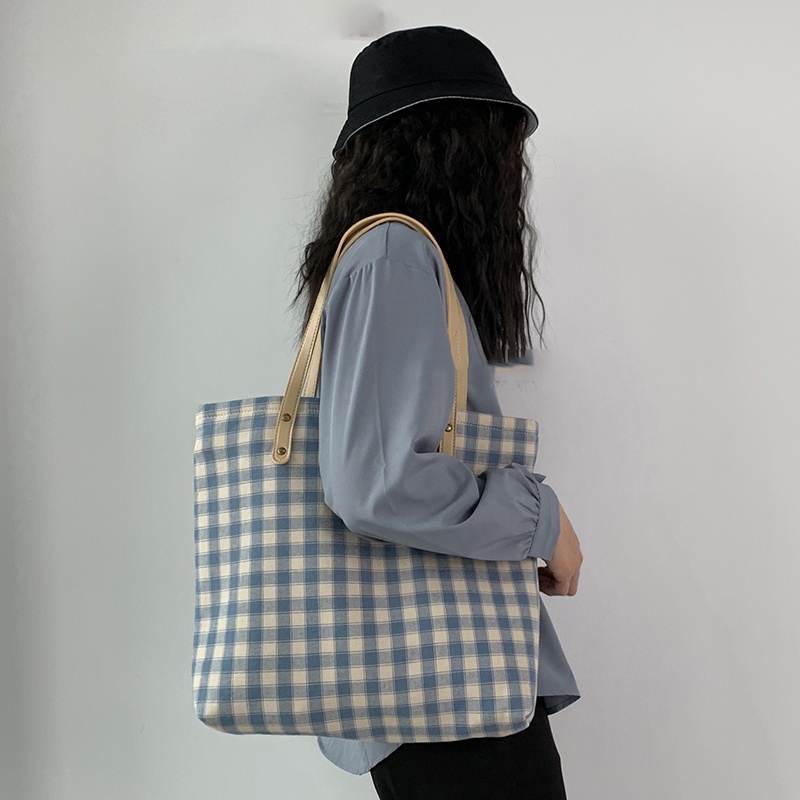 Túi đeo vai vải cỡ lớn họa tiết kẻ sọc màu xanh lam nhạt / đậm kiểu Nhật thời trang dành cho nữ IELGY