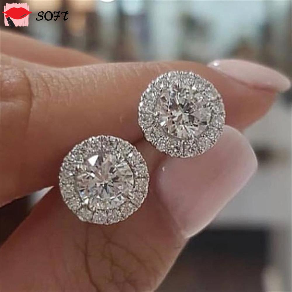 Bông tai nụ tròn đính kim cương trắng đá Zircon Moissanite sáng bóng nhiều màu sắc thời trang cho đám cưới/đính hôn