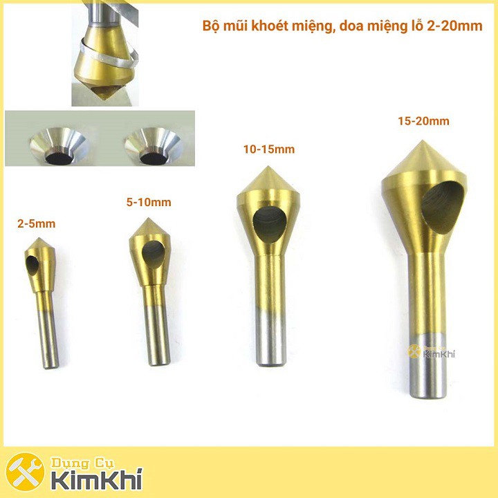 Bộ 4 mũi doa lỗ kim loại dạng đầu nón lỗ phay xiên 2-20mm phủ Titamium