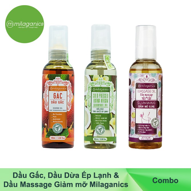 Combo Dầu Massage giảm mỡ 100ml + Dầu dừa Ép lạnh 100ml + Dầu Gấc MILAGANICS 100ml