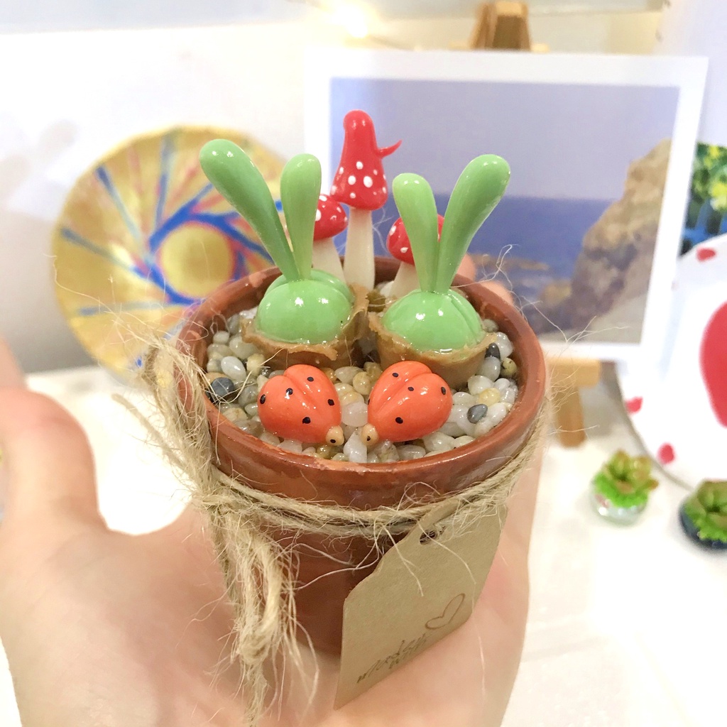 Chậu sen đá tai thỏ xanh size trung, sen đá làm từ đất sét