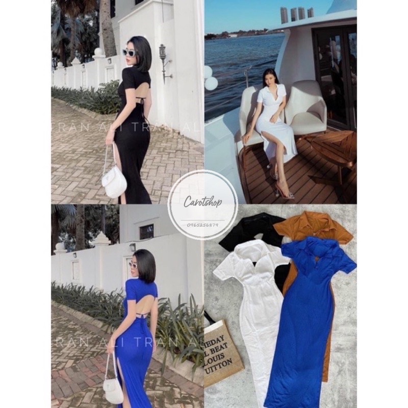 đầm body gân xẻ hở lưng - freesize dưới 53kg tùy chiều cao - hình thật trải sàn gỗ xám alohashop91