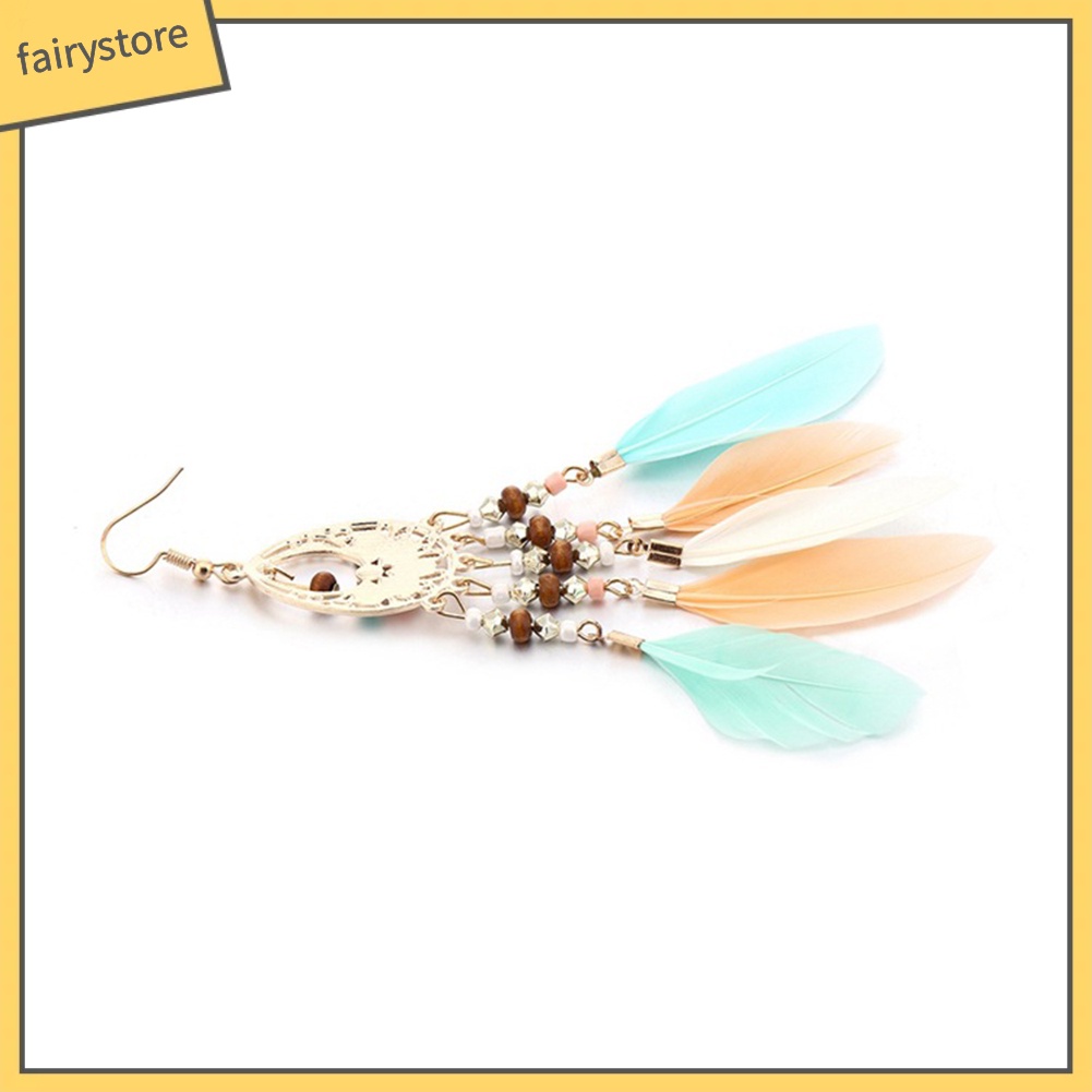 Hoa Tai Dáng Dài Phối Lông Vũ Phong Cách Bohomian