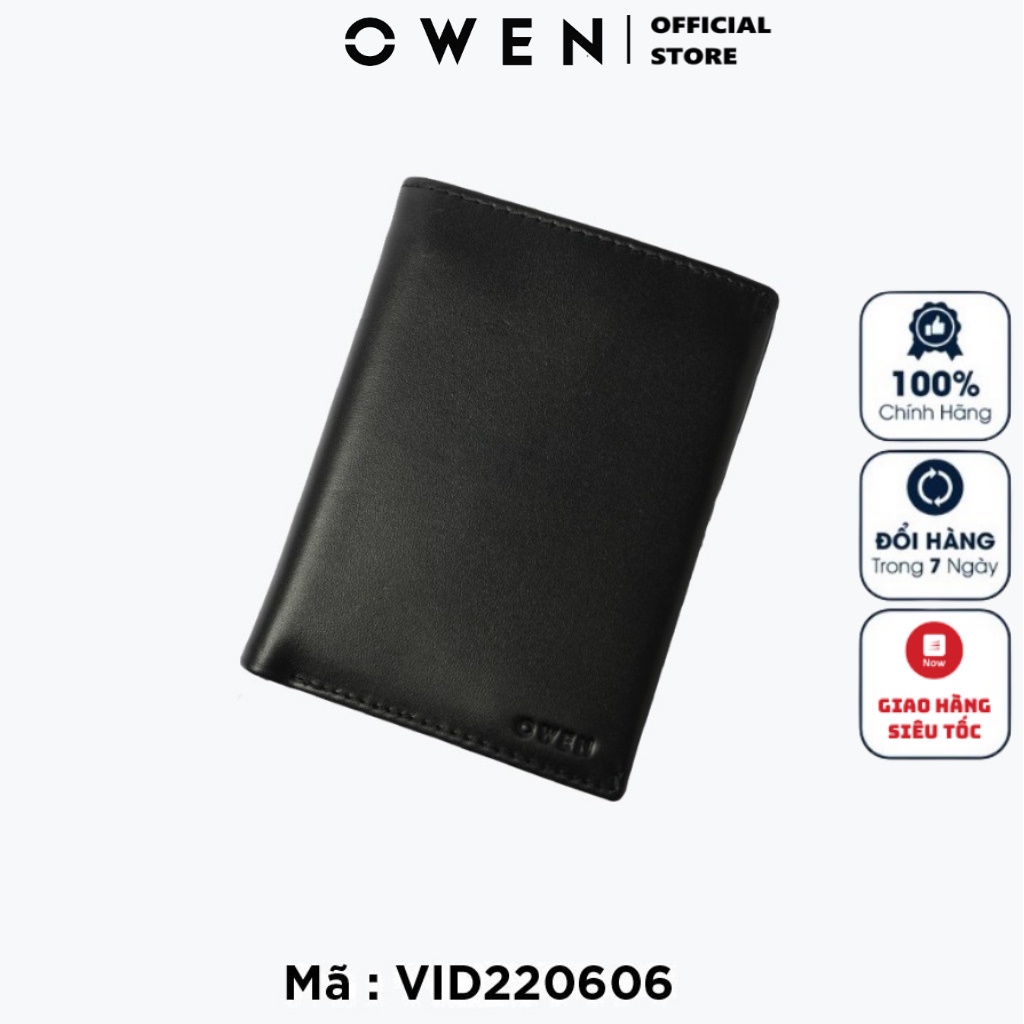Ví Da Nam Cao Cấp OWEN VID220606 Bóp Nam Màu Đen Trơn 100% Da Bò Thật Kiểu Ví Đứng Gồm 2 ngăn đựng tiền 7 ngăn thẻ
