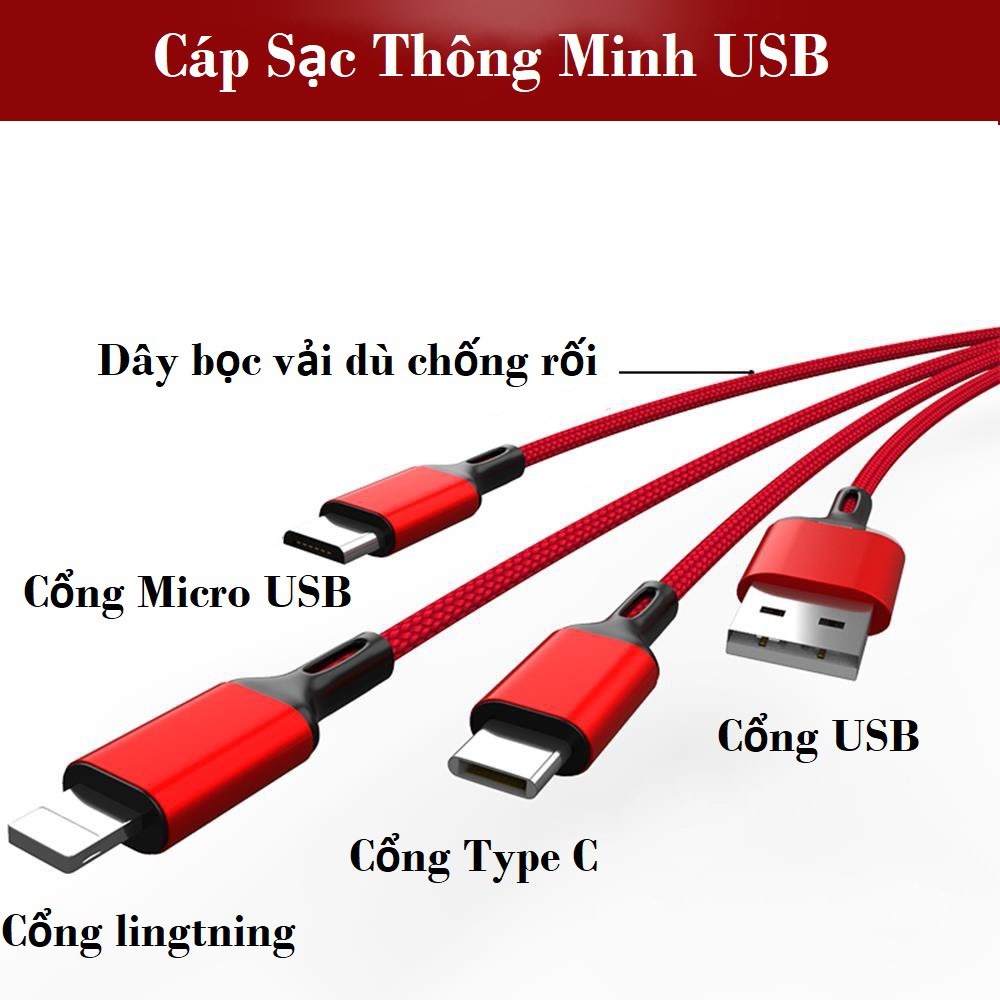 Cáp Sạc 3 Đầu chính hãng đa năng | Dây Dù Sạc cho Samsung Oppo Xiaomi iPhone | CAP3DAU