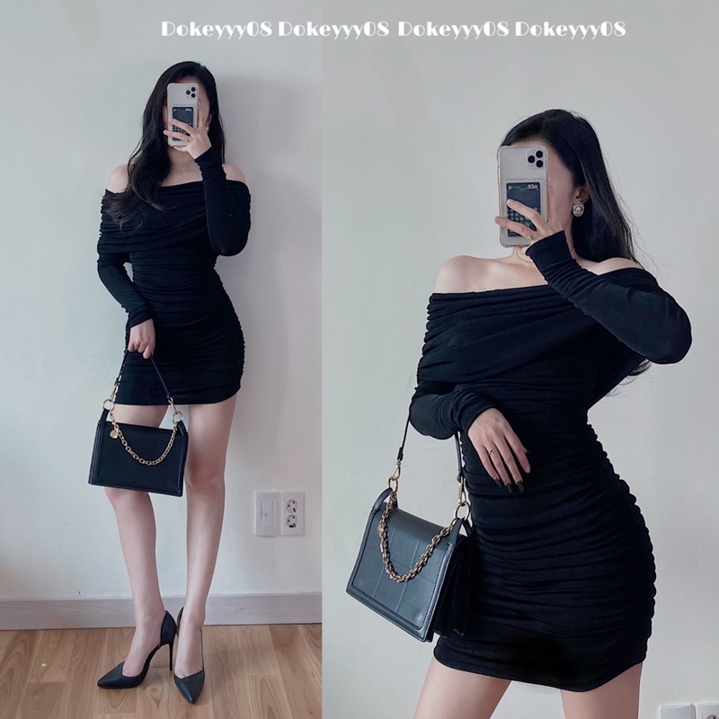 Váy body trễ vai chun rúm 637