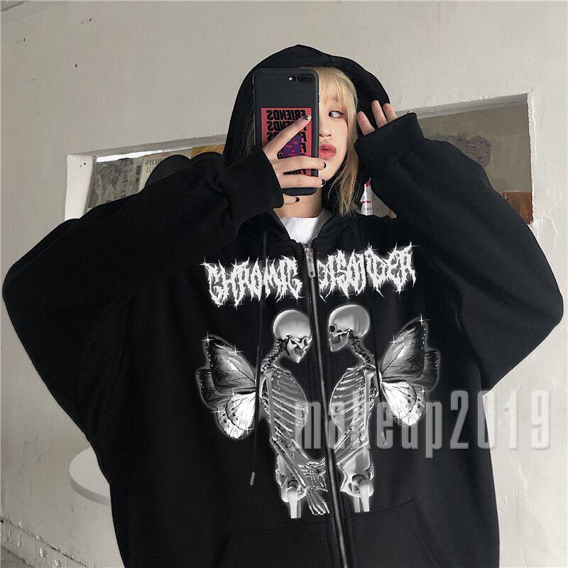 Mu-màu-k Áo Khoác Sweatshirt Chui Đầu Có Khóa Kéo In Họa Tiết Bướm Phong Cách Gothic Punk Harajuku Grunge Y2k Dành Cho Bạn Nữ
