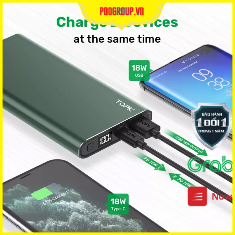 [Chính hãng,sạc nhanh 18w] Sạc dự phòng Out Type-C TOPK 10.000 mAh I1006P