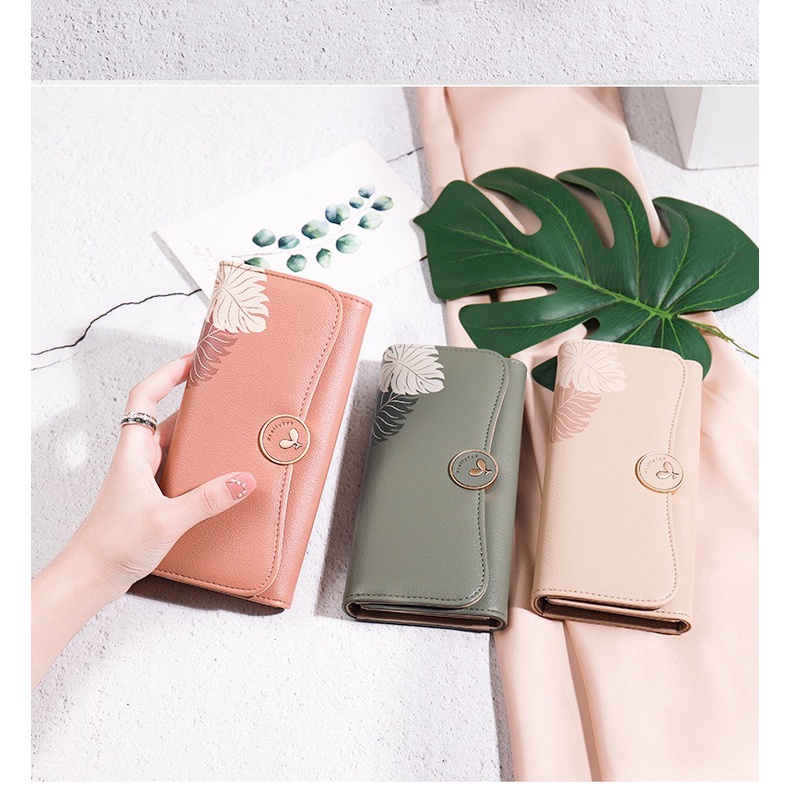Ví/ Bóp Ngắn Cầm Tay Cho Nữ ERASHOP 079749 - Đựng Tiền/ Để Thẻ Khóa Lá Hai Mầm Đơn Giản, Nhiều Ngăn, Rẻ Đẹp