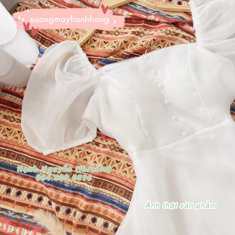 Váy trắng dự tiệc tiểu thư tay phồng cổ vuông, Váy công chúa trắng tay bồng có đệm ngực | BigBuy360 - bigbuy360.vn