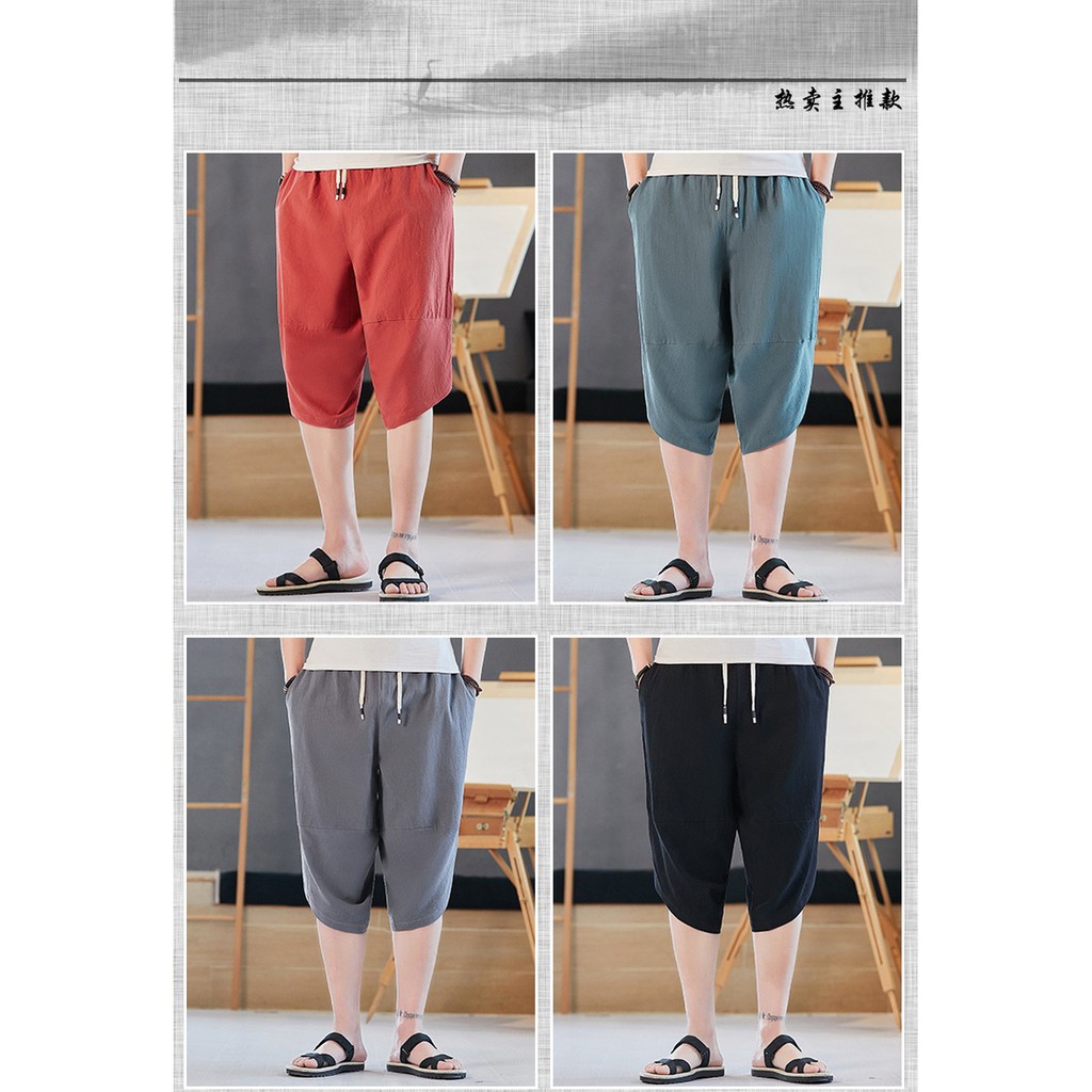 Quần harem bảy tấc vải cotton lanh mỏng ống rộng phong cách Trung Hoa thời trang mùa hè size lớn dành cho bạn nam