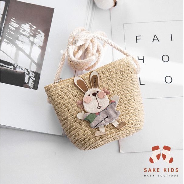 Túi cói mùa hè trẻ em, Túi đi biển dễ thương nhiều hình Nơ Thỏ có khóa kéo tiện lợi cho bé gái phong cách Hàn Quốc TC01