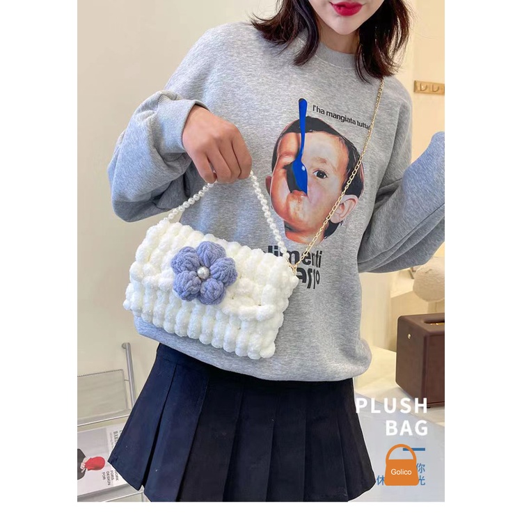 Túi tự đan, Túi tự đan đeo chéo handmade ngọc cài hoa [Có video hướng dẫn]