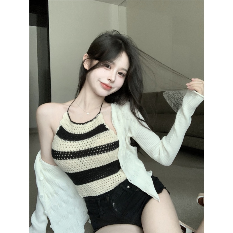 Kumikumi HUANG YOYO Áo Dệt Kim Hai Dây Họa Tiết Kẻ Sọc Thời Trang Mùa Hè Phong Cách Hàn Quốc Cho Nữ