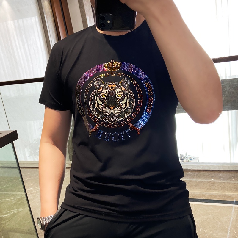 Hàng Châu Âu Áo Thun Lụa Lạnh Cổ Tròn Tay Lỡ In Hình Đầu Hổ Đính Đá Thời Trang Đường Phố Mùa Hè Cho Nam