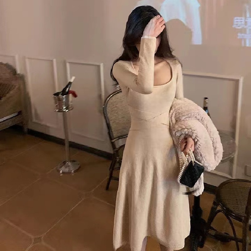 SUXI Đầm Dệt Kim Dáng Chữ A Màu Sắc Đơn Giản Phong Cách Vintage Dành Cho Nữ