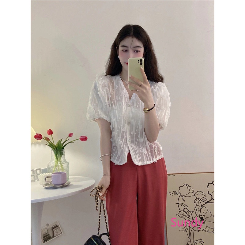 Áo Kiểu Tay Phồng Cổ Chữ V Plus Size Thời Trang Mùa Hè Phong Cách Pháp Cho Nữ