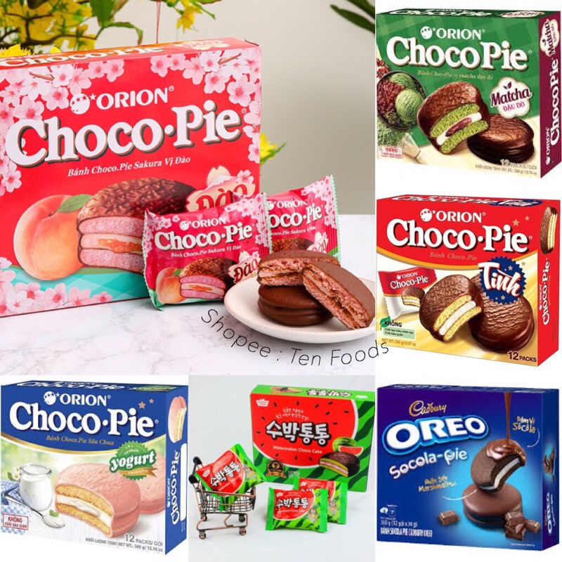 ( 1 Hộp 12 Bánh ) Bánh Chocopie Sakura / Socola Pie Oreo / Chocopie Trà Sữa Đường Đen / Orion / Chocopie Dưa Hấu