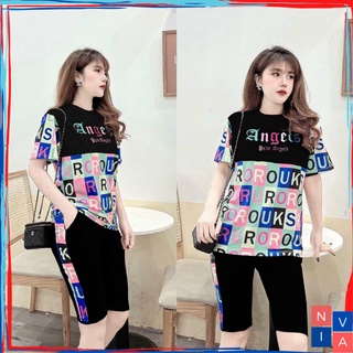 Set Bộ Nữ Đi Chơi NIVA Đồ Bộ Nữ Thể Thao Mùa Hè Mặc Nhà Quần Lửng Ôm Đen Thun Cotton Áo Form Rộng Bigsize G14