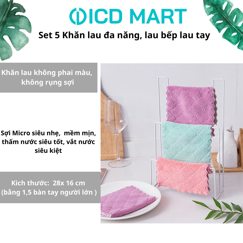 Set 5 khăn lau tay nhà bếp Siêu Thấm, kích thước 16x 28 cm/ chiếc, dùng lau bếp lau tay, lau đĩa