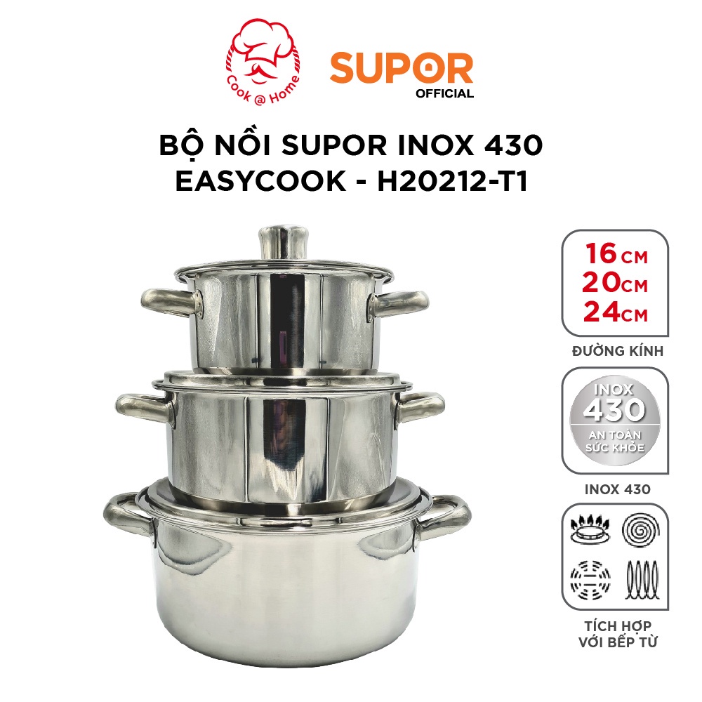 SUPOR- Bộ 3 nồi inox 430 Easycook đáy phẳng size 16/20/24cm, hàng chính hãng tương thích mọi loại bếp