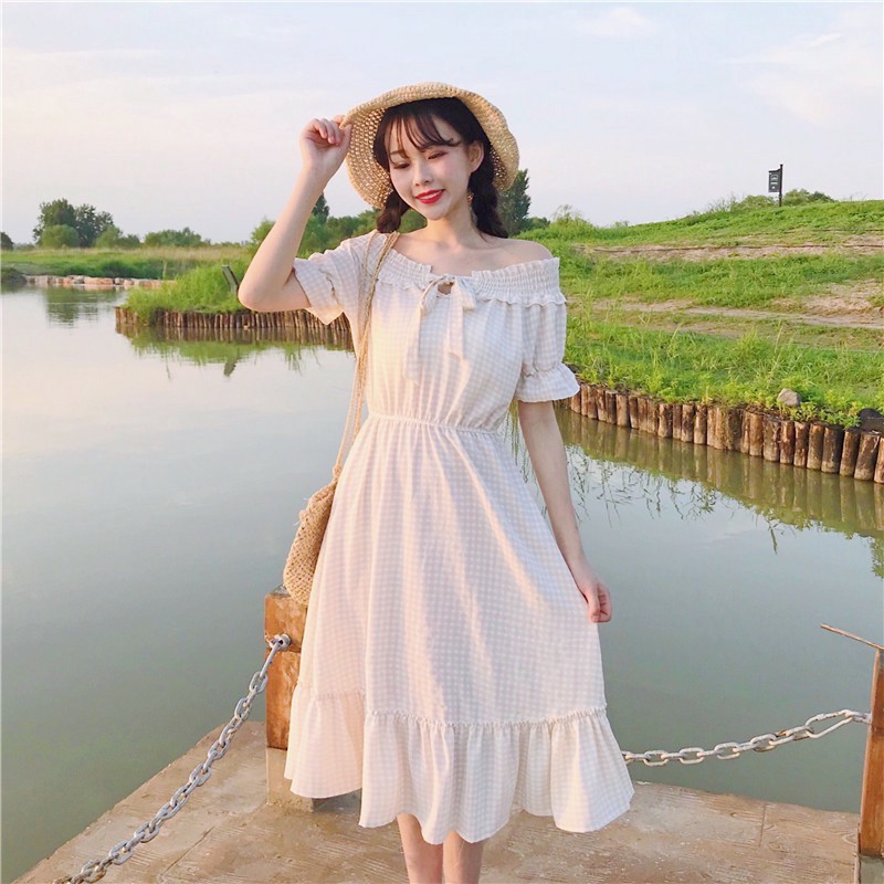 [HÀNG ORDER] Đầm ulzzang đuôi cá trễ vai caro - u.w UL012-1