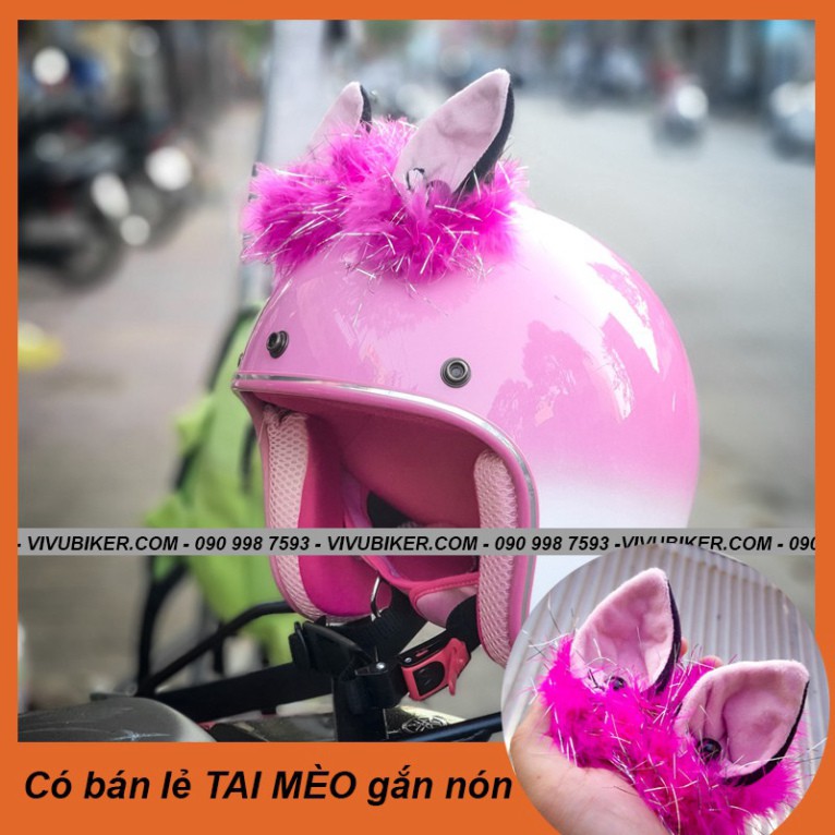 HOT-  Nón bảo hiểm 3/4 tai mèo màu hồng pha trắng lót hồng siêu cute - Nón bảo hiểm tai thỏ Fung Fing cao cấp