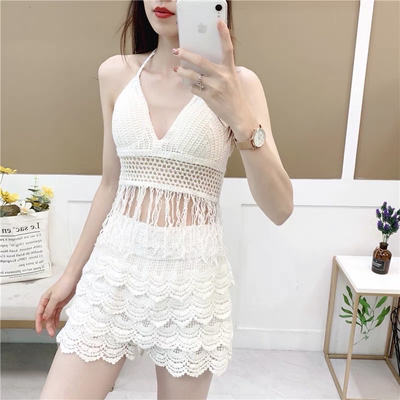 Set biển mới - set 3 món - áo bra tua rua dài + quần ren tầng + choàng ren hoa hồng (có tách rời)