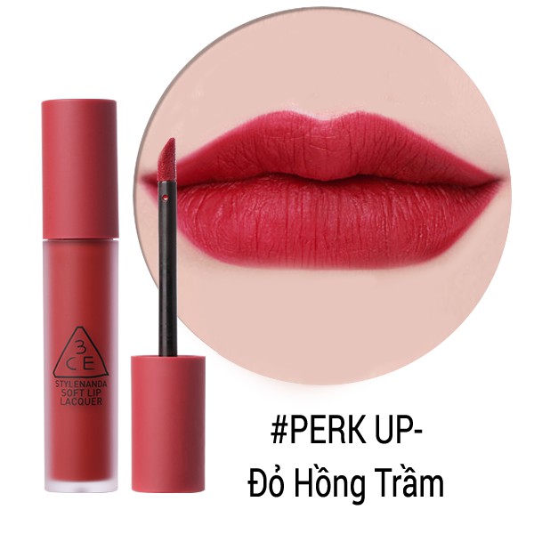 [Auth - sale 70%] Son Kem Lì 3CE Soft Lip Lacquer #Perk Up - Tone Đỏ Hồng Trầm