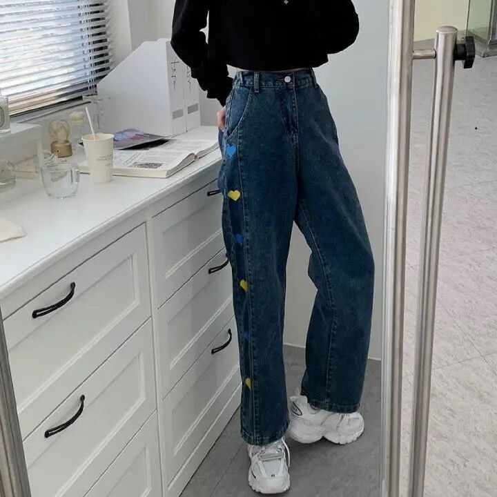 Jiashucheng Quần Jean Nữ Lưng Cao Ống Rộng Thêu Hình Trái Tim Dễ Phối Đồ Thời Trang Xuân Thu