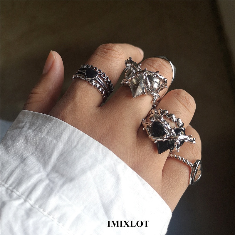 IF YOU Set nhẫn đeo ngón tay kim loại mạ bạc kép thiết kế trái tim rỗng và nhiều mẫu khác phong cách retro thời trang cho nữ