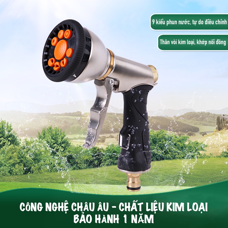Vòi tưới cây, rửa xe đan năng 9 kiểu phun bằng kim loại LIONKING RC236