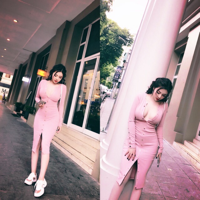 Váy nữ đầm body khuy đóng nút cổ tròn dài tay - váy body đầm nữ sang chảnh Annastore ( CÓ VIDEO FEEDBACK)